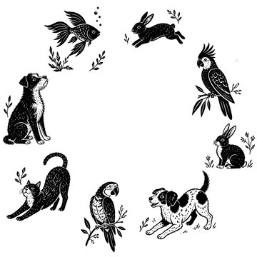 Circular frame with domestic pets. Vector wreath with dogs, cat, rabbits, fish and parrots in linocut print style