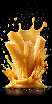 Crispy French Fries Splashing Into Rich Melted Cheddar Cheese Sauce On A Black Background Isolated