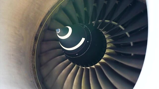 Commercial Airplane Turbofan Engine Blades Medium Shot View Aircraft Jet Engine Turbine Spinner Nose Aerospace Engineering Power Propulsion System