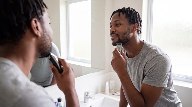 black man beard trimming razor mirror bathroom grooming hygiene wellness captures a focused morning routine for masculine beauty personal care skincare brands and modern lifestyle campaigns