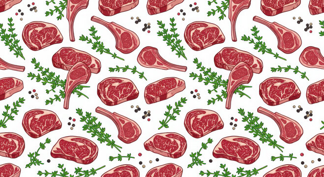 Seamless pattern of raw red meat steaks, lamb chops, herbs, and peppercorns on generated using ai