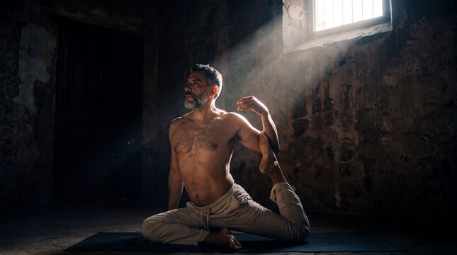man yoga flexibility fitness stretching strength balance wellness meditation exercise performs an advanced king pigeon pose in dramatic sunlight for active lifestyle and body awareness campaigns