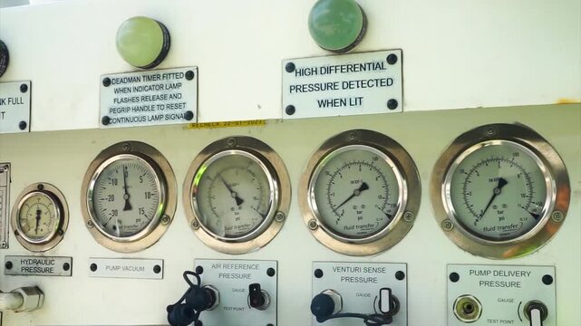 Close Up Of Industrial Pressure Gauges Measurement Dials Instrument Panel Control Indicator Lamp Equipment Calibration Monitoring Operations Technical Display