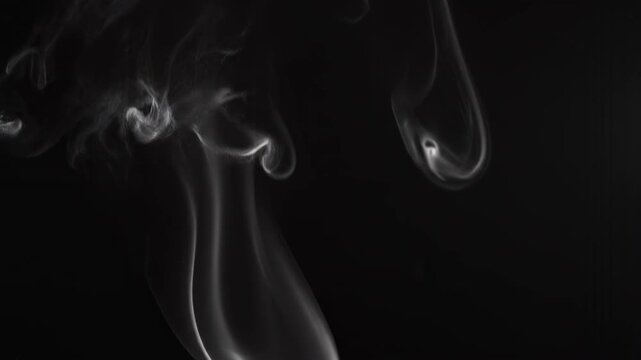 White smoke wisps transforming into elegant swirling plumes against a dark backdrop with subtle cinematic lighting