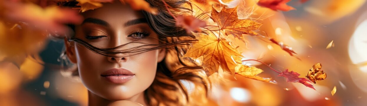 Woman's face through falling autumn leaves, dreamy motion blur concept