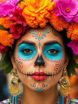 Woman with sugar skull face paint and marigold flower crown celebrating day of dead. Dia de muertos mexican holiday tradition. Catrina makeup portrait for cultural festival and halloween concept.