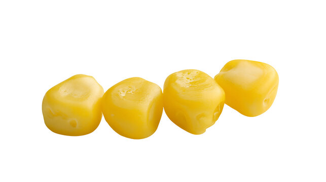 Four bright yellow sweet corn kernels arranged in a row