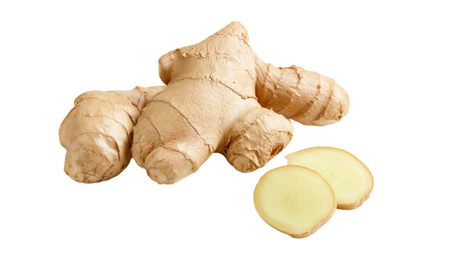 Fresh raw ginger root with two sliced pieces
