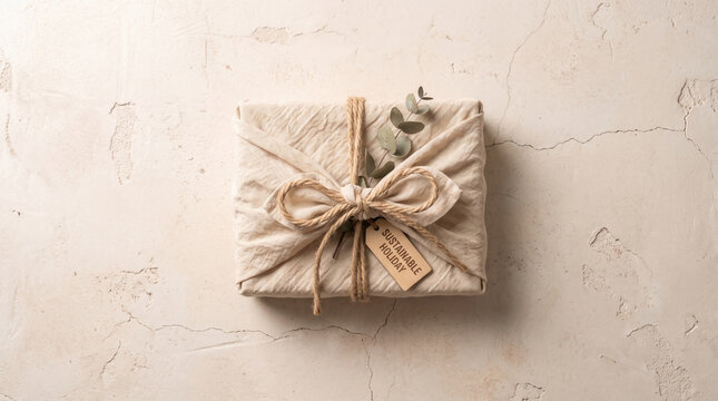 Eco friendly cloth wrapped Christmas gift with twine and tag.