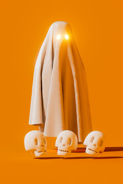 A 3d ghost floats above a skull on an orange background