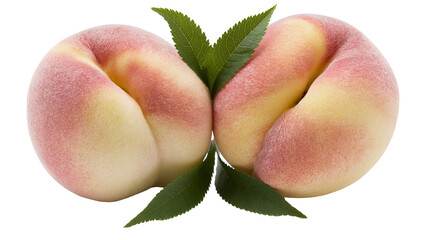 Two fresh ripe donut peaches with green leaves © Gael