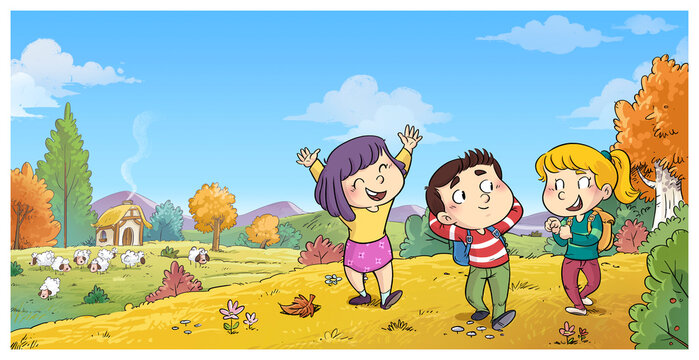 Illustration of a country house with sheep in autumn, children's background