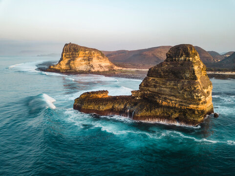 Indonesia, Lombok, Aerial view of rock formation near Kuta