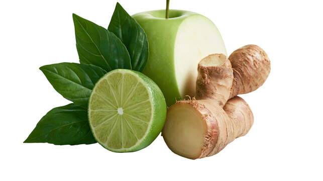 Fresh green apple slice lime half, ginger root and basil leaves composition