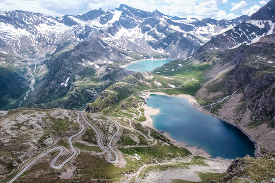 Winding road at Nivolet Pass with Lake Serru and Lake Agnel
