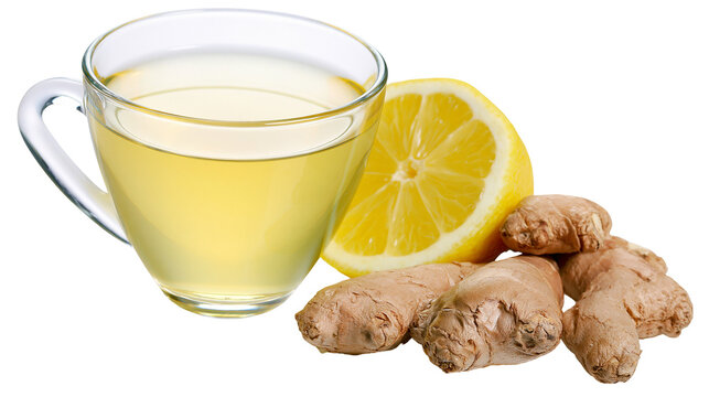 Clear glass cup of herbal ginger lemon tea with fresh ginger root and lemon slice