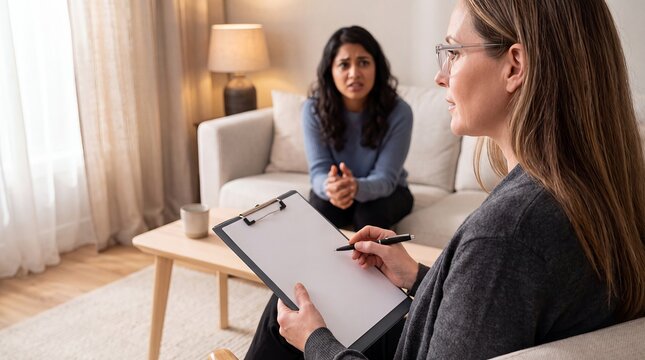Female therapist listening woman therapy session counseling mental health support Attentive counselor supports an open emotional conversation for confidential support and mental wellness campaigns