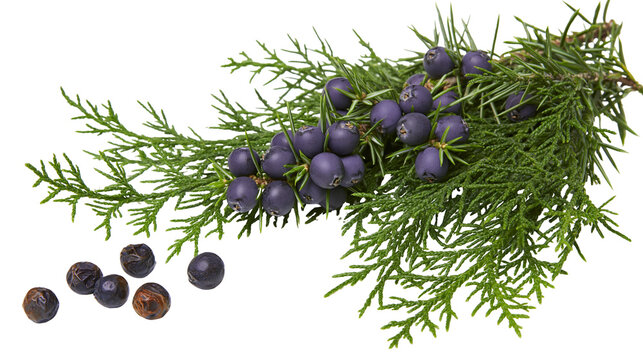 Fresh green juniper branch with dark purple berries and loose scattered fruits
