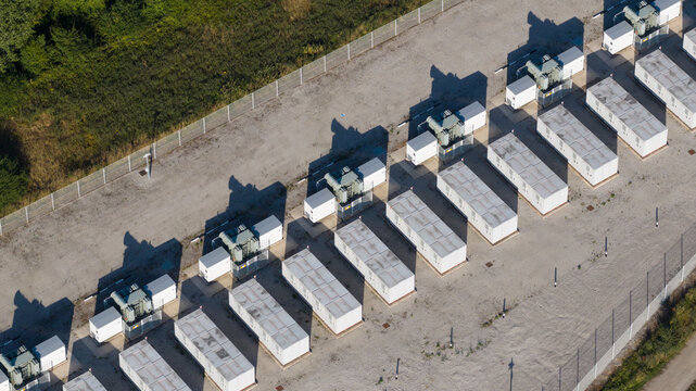 Aerial drone view shows a battery energy storage system facility