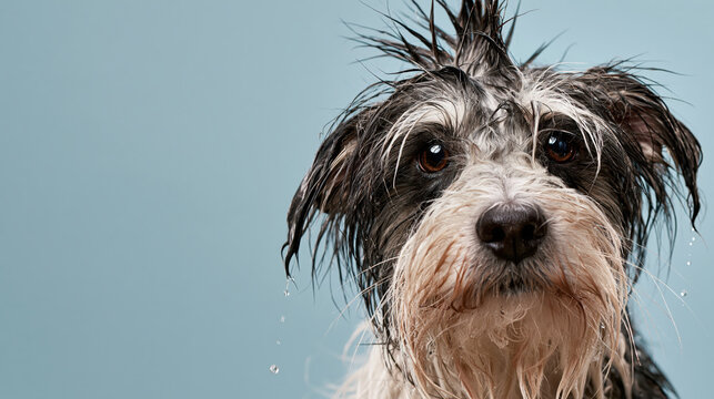 Wet dog portrait with shaggy fur and curious expression against blue background, captured after playful splashing in water droplets