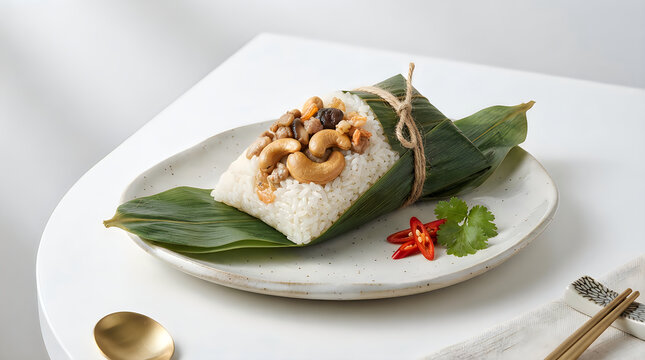 Sticky rice dumpling wrapped in a green leaf with cashew nuts and chili on a ceramic plate