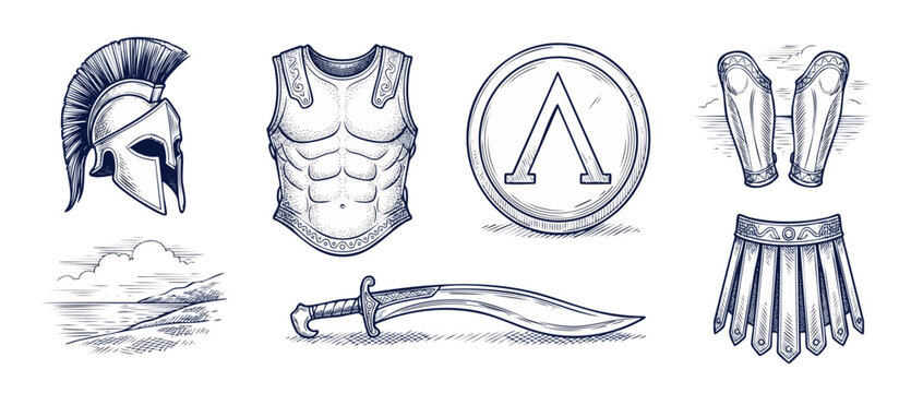 Spartan Warrior Armor Helmet Shield hand drawn line art engraving set, ancient Greek military equipment, spartan hoplite sword cuirass greaves, historical warrior equipment icons vector illustrations.