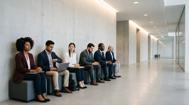 Diverse business professionals waiting for a job interview in an office hall