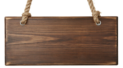 Rectangular dark brown stained wooden sign hanging from thick jute rope loops © Gael