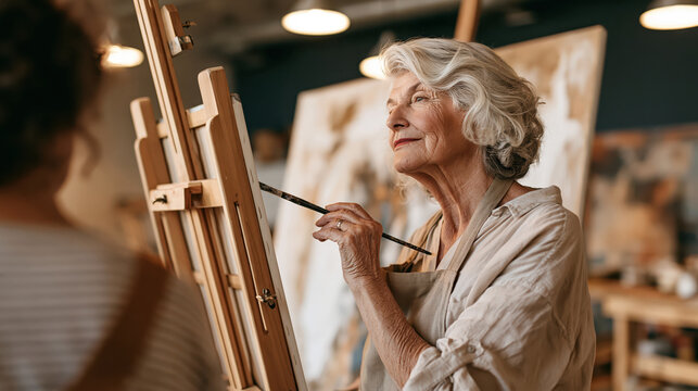 Elderly female learning to paint, holding brush beside easel in warm art studio with focused expression and creative atmosphere