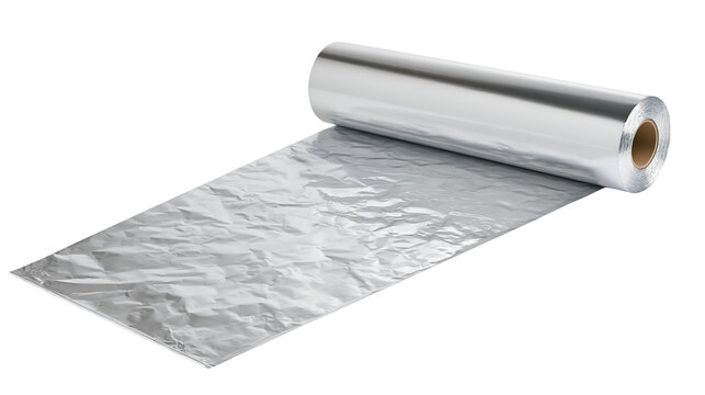 Shiny metallic aluminum foil roll partially unrolled with crinkled texture