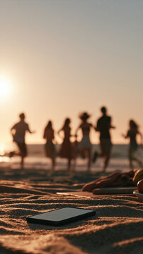 Sunset beach smartphone silhouette leisure scene with blurred people walking beside glowing water and warm sand