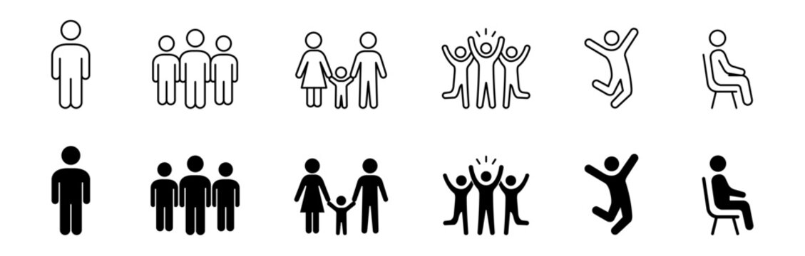 People and human action vector line icon set featuring family, teamwork, community, and individual poses.