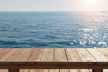 Naklejka premium Wood balcony table overlooking calm blue sea with sunlight reflections and open horizon, creating peaceful coastal setting for summer travel