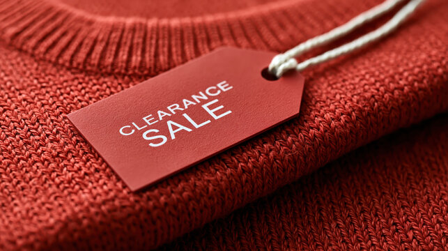Red knitted garment with clearance sale tag and cotton string, representing retail discount shopping and seasonal fashion promotion