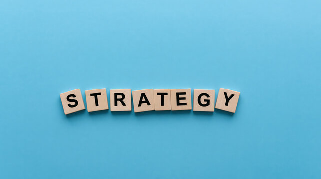 Strategy letter tile on blue background showing clear business planning concept with playful typography and copy space