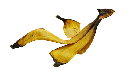 Discarded yellow banana peel with dark brown spots and dried edges © Gael