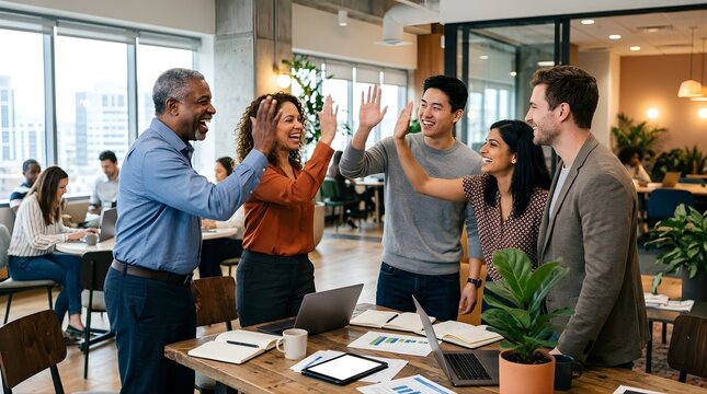 Diverse Business Team Celebrating Success with High Five in Modern Office