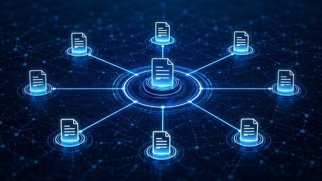 Centralized digital document management network hub displaying synchronized file sharing across a glowing futuristic business technology infrastructure