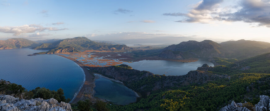 Turkey, Dalyan, Iztuzu beach with Dalyan Delta and lake Sueluenguer Goelue