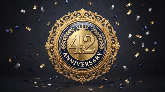 Luxury 42nd anniversary gold emblem, elegant 42 years celebration seal with confetti, ornate golden laurel wreath for corporate jubilee