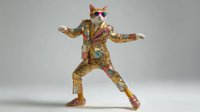Funky cat dressed in sparkling gold suit dancing