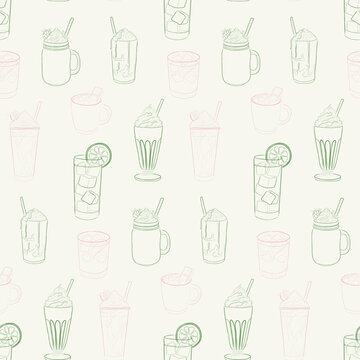 Aesthetic pastel seamless pattern featuring hand-drawn line art of iced beverages, milkshakes with whipped cream, fruit sodas, and jar drinks.