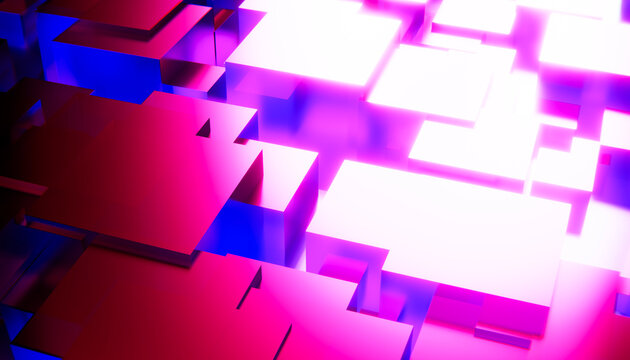 Luminous magenta cubes create a dynamic futuristic pattern