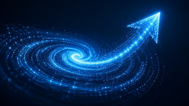Glowing blue digital arrow rising from a luminous data vortex representing futuristic business growth, rapid technological advancement, and upward financial momentum