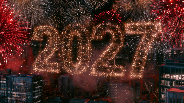 2027 New Year celebration with fireworks over modern city skyline