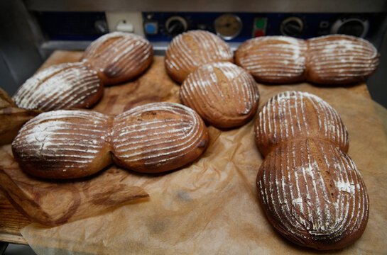 Close-up of freshly baked bread in a wood stove bakery in Egling, Upper Bavaria, Germany