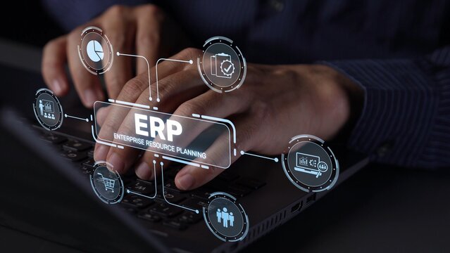 ERP platform visual showing centralized system for enterprise resource planning, improving integration, data flow, business efficiency, finance, inventory, and human resources. Muxer