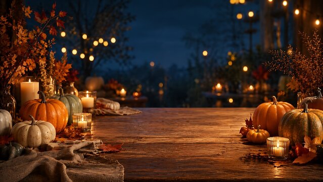 Cozy autumn harvest scene with lanterns and pumpkins