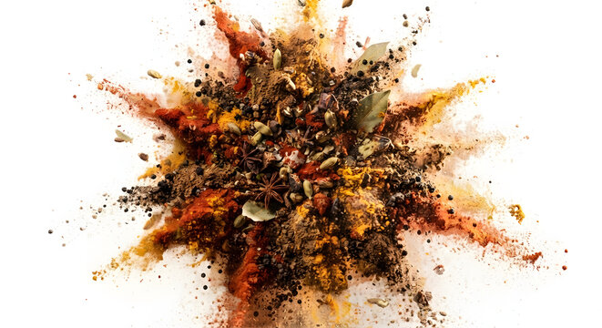 Aromatic spice explosion on white background, vibrant seasoning burst with herbs and powders, colorful culinary ingredients splash
