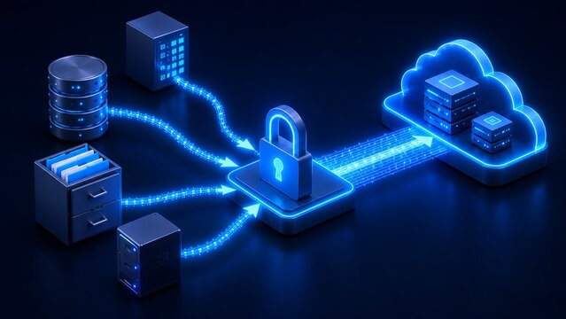 Isometric 3D visualization of secure data migration from physical servers and filing cabinets through an encrypted padlock into cloud computing storage